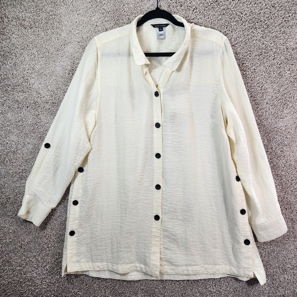 John Mark Tunic Top Women's Large Beige Crinkle Long Sleeve Collar Button Detail